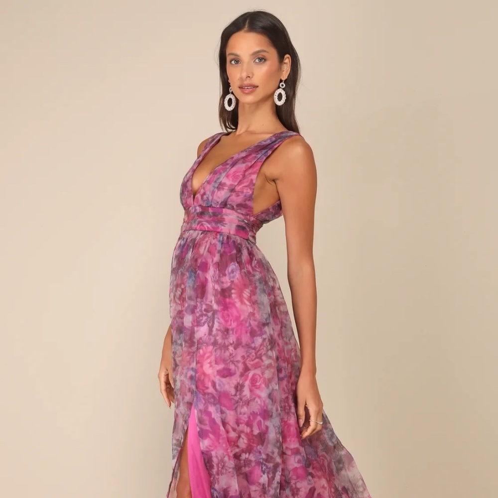 Garden Romance Magenta Floral Print Organza Maxi Dress, Lulus